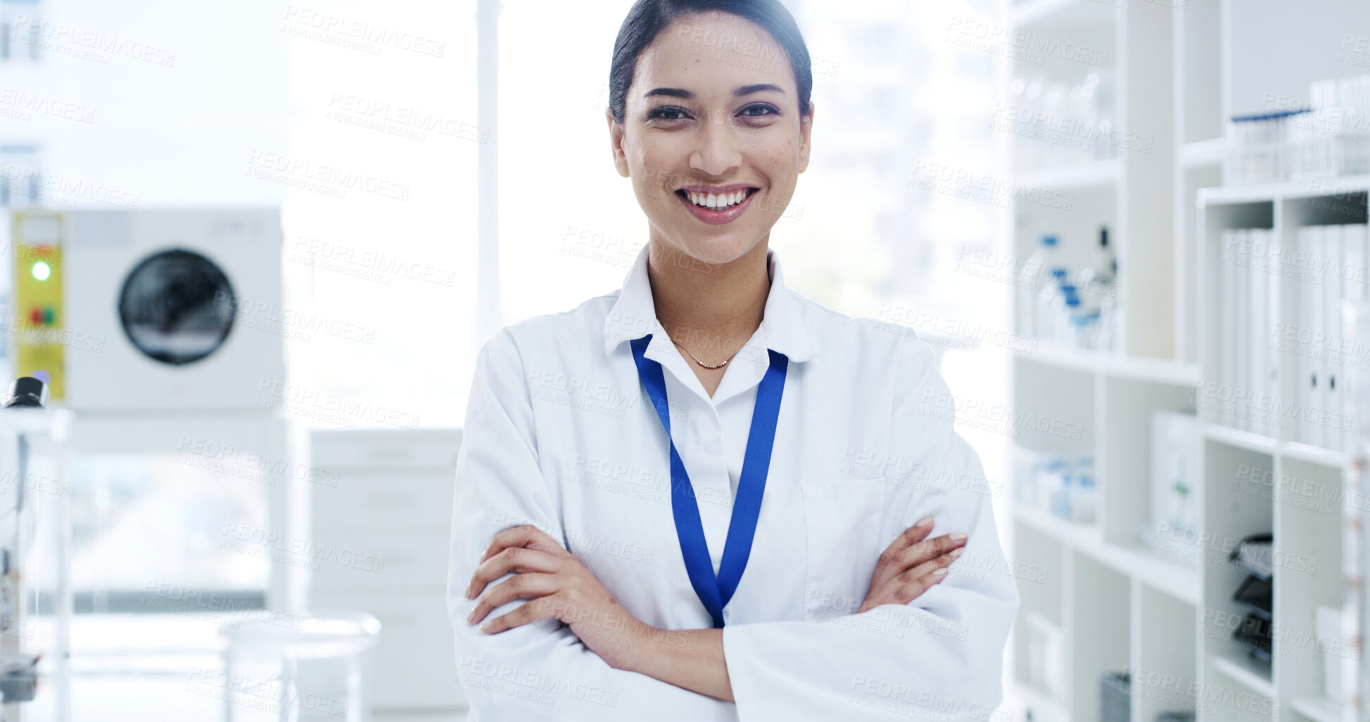 Buy stock photo Portrait, happy woman or scientist with arms crossed in lab for research, pride or microbiology. Biologist, science professional and person with confidence, development and medical worker with smile