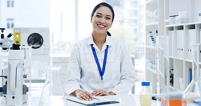 Buy stock photo Portrait, happy woman and scientist in lab with checklist for research, pharma development or chemistry. Chemist, science and person with medical clipboard, professional and employee with innovation