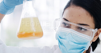 Buy stock photo Woman, beaker and scientist at lab with liquid, sample or reaction medical research for virus cure. Person, mask and goggles for science with insight, pharmaceutical study or vaccine development