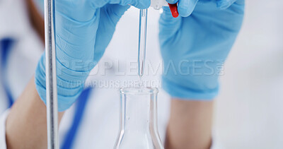 Buy stock photo Scientist, healthcare and hands of person with dropper, drug and medical research for chemistry in laboratory. Sample, vial and doctor with test, innovation and flask for synthesis with biotechnology