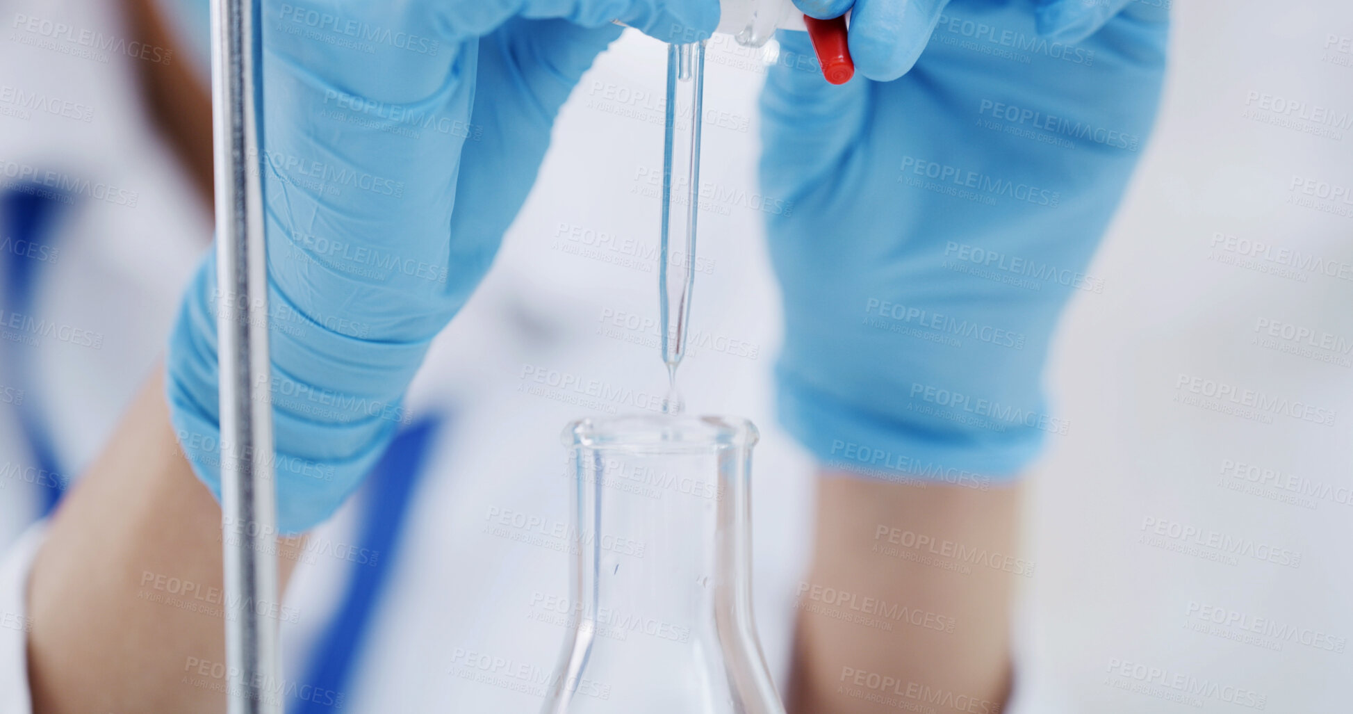 Buy stock photo Scientist, healthcare and hands of person with dropper, drug and medical research for chemistry in laboratory. Sample, vial and doctor with test, innovation and flask for synthesis with biotechnology