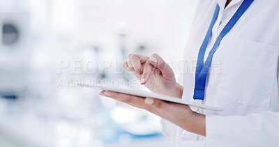 Buy stock photo Scientist, hands or typing on tablet in lab for medical research, experiment results or innovation. Science, woman or scroll on digital app in workplace for online study, pharmaceutical data or space