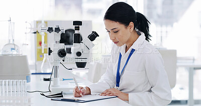 Buy stock photo Woman, writing and notes on clipboard at laboratory with progress report, medical research and virus cure. Person, pharmaceutical study and documents for checklist, admin and vaccine development