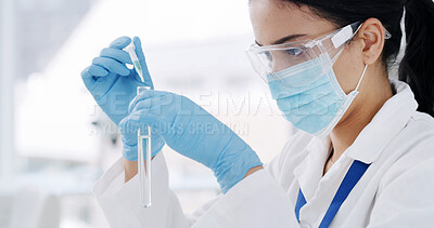 Buy stock photo Medical, pipette or scientist in lab with tube, biotechnology or fluid exam in vaccine development. Science, research or woman in clinic with dropper, liquid test or analysis in pharmaceutical study.