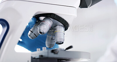 Buy stock photo Microscope, lens and closeup at laboratory for medical research, bacteria or particles for virus analysis. Equipment, pharmaceutical study and gear for germs, molecules and vaccine development