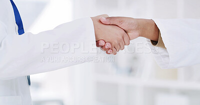 Buy stock photo People, scientist and meeting with handshake in lab for welcome, partnership and research deal. Team, shaking hands and introduction for agreement, medical negotiation and onboarding for experiment