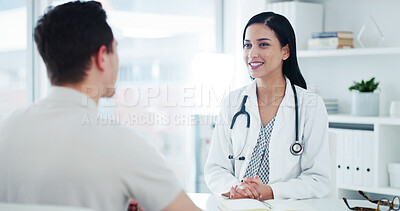Buy stock photo Talking, office and doctor with man for consultation, medical service and advice for treatment plan. Healthcare, happy and woman with patient in clinic for appointment, checkup and help for wellness
