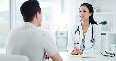 Buy stock photo Talking, clinic and doctor with man for consultation, medical service and advice for treatment plan. Healthcare, listen and woman with patient in office for appointment, checkup and help for wellness