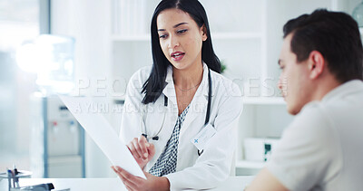Buy stock photo Documents, office and doctor with man for consultation, medical service and advice for treatment plan. Healthcare, clinic and woman with patient with paperwork for medicine, results and prescription