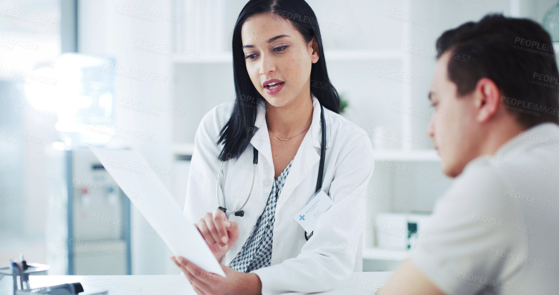 Buy stock photo Documents, office and doctor with man for consultation, medical service and advice for treatment plan. Healthcare, clinic and woman with patient with paperwork for medicine, results and prescription