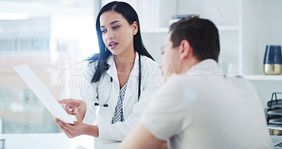 Buy stock photo Paperwork, clinic and doctor with man for consultation, medical service and prescription for treatment. Healthcare, office and woman with patient with documents for medicine, results and wellness
