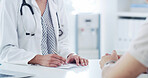Doctor, hands and paperwork in hospital, appointment and explaining test results to patient or talk. Clinic, medical professional and consultation for diagnosis, people and healthcare with documents