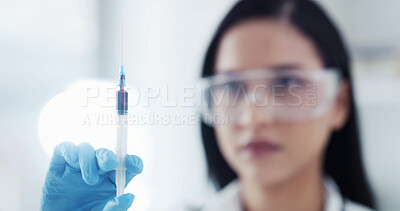 Buy stock photo Scientist, healthcare and hands of woman with syringe, drug and medical research for antivenom in hospital. Blood sample, needle and doctor with test, innovation or venom protection for biotechnology