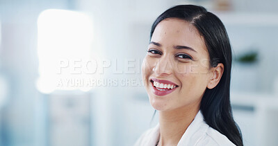 Buy stock photo Portrait, happy woman and scientist in laboratory for research, development or laughing. Biologist, science and person with smile, funny professional or medical employee with space for innovation