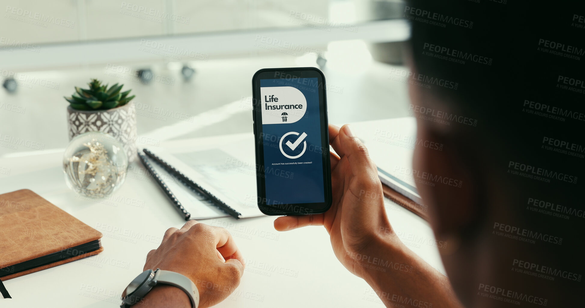 Buy stock photo Man, hands and reading in office with phone screen, online platform and sign up for life insurance. Person, browsing and tech with internet, mobile app and registration for financial service account.