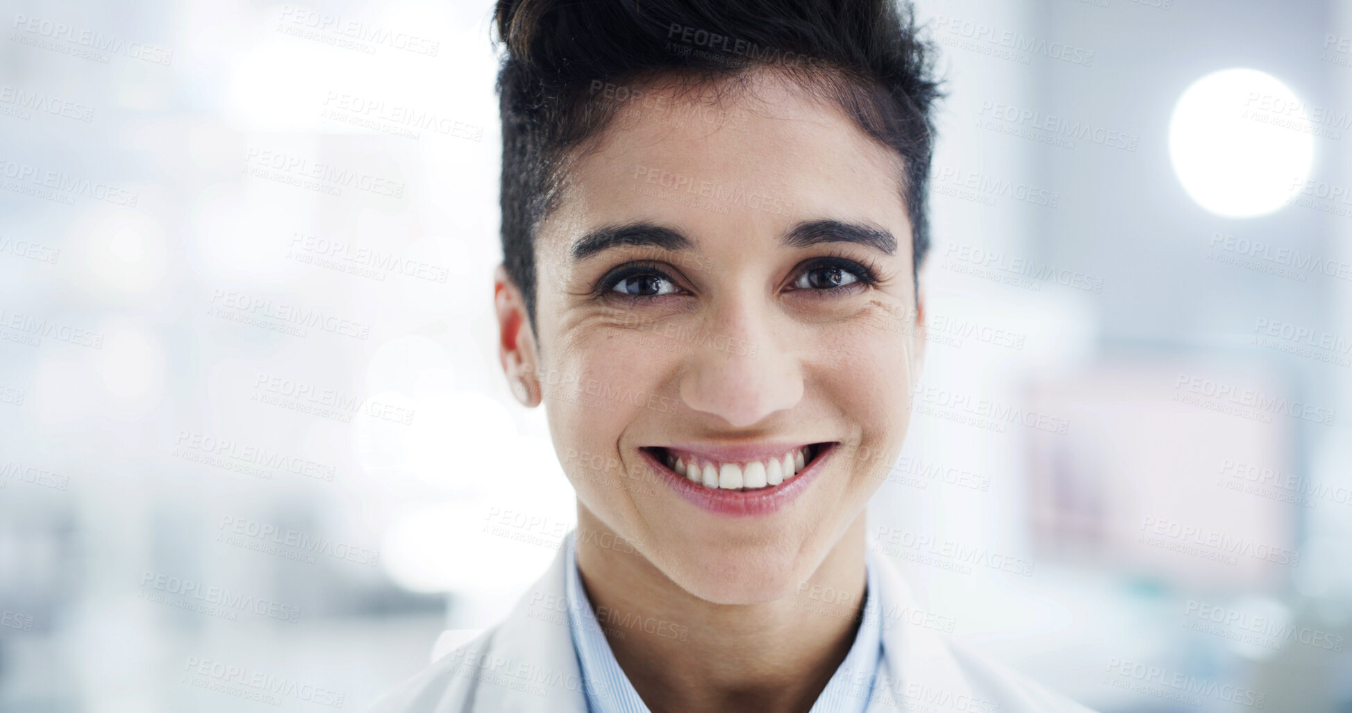 Buy stock photo Smile, portrait and science with woman in laboratory for research, gene therapy and about us. Medical sample, dna sequence editor and vaccine trial with person in clinic for healthcare study