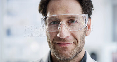 Buy stock photo Glasses, portrait and science with man in laboratory for research, gene therapy and about us. Medical, doctor and vaccine trial with male person in clinic for healthcare study, innovation and pride