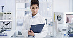 Scientist, clipboard and woman with medical research, writing or healthcare notes in laboratory. Document, doctor and report with chemist, test results or development for study or experiment planning