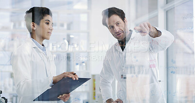 Buy stock photo People, scientist and writing with glass board for planning, experiment results or problem solving. Man, woman or healthcare workers with brainstorming, formula or medical research in laboratory