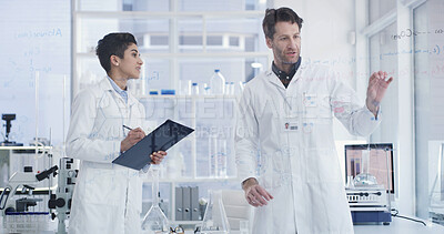Buy stock photo Team, scientist and writing with glass board for planning, experiment results or problem solving. Man, woman or healthcare workers with brainstorming ideas, formula or medical research in laboratory