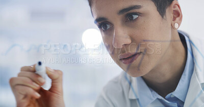 Buy stock photo Woman, scientist and writing with glass board for planning, experiment results or problem solving. Female person, healthcare worker or brainstorming with ideas for medical research in laboratory