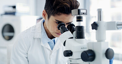 Buy stock photo Woman, scientist and microscope for bacteria at lab for medical research, particles or virus cure. Person, science and equipment for sample, pharmaceutical study and vaccine development with gear