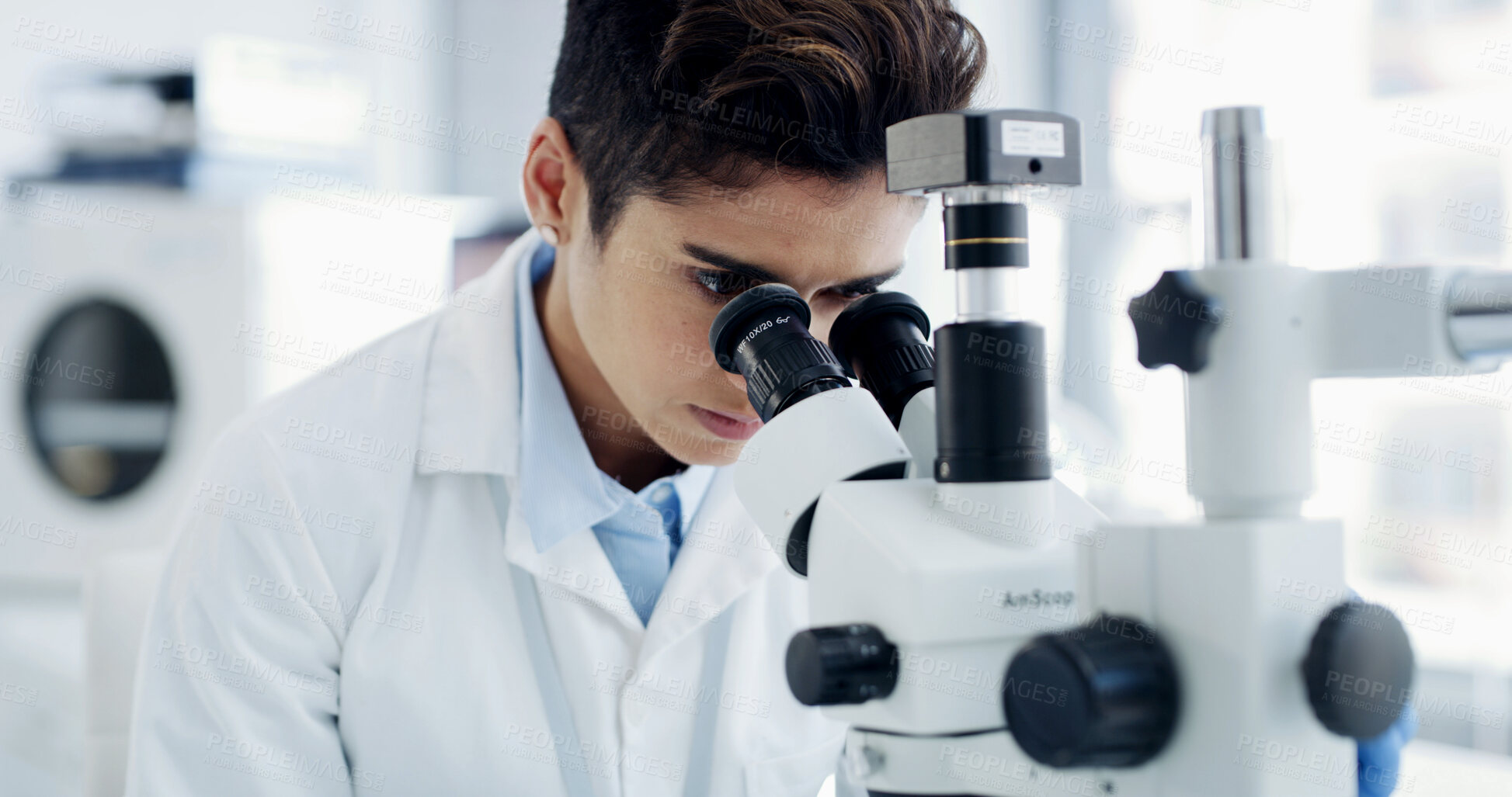 Buy stock photo Woman, scientist and microscope for bacteria at lab for medical research, particles or virus cure. Person, science and equipment for sample, pharmaceutical study and vaccine development with gear