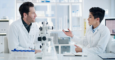 Buy stock photo People, scientist and team with discussion, forensic study or medical research in laboratory. Man, woman or healthcare workers talking with microscope or book for health cure, experiment or ideas