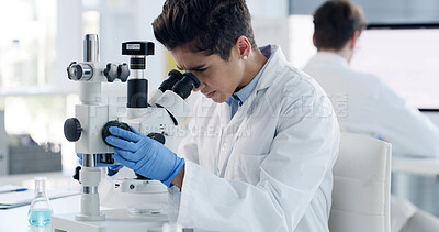 Buy stock photo Microscope, research and science with woman in laboratory for results, gene therapy and test. Medical sample, dna sequence editor and vaccine trial with person in clinic for healthcare study