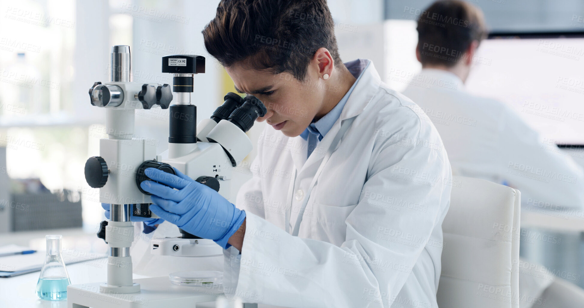 Buy stock photo Microscope, research and science with woman in laboratory for results, gene therapy and test. Medical sample, dna sequence editor and vaccine trial with person in clinic for healthcare study