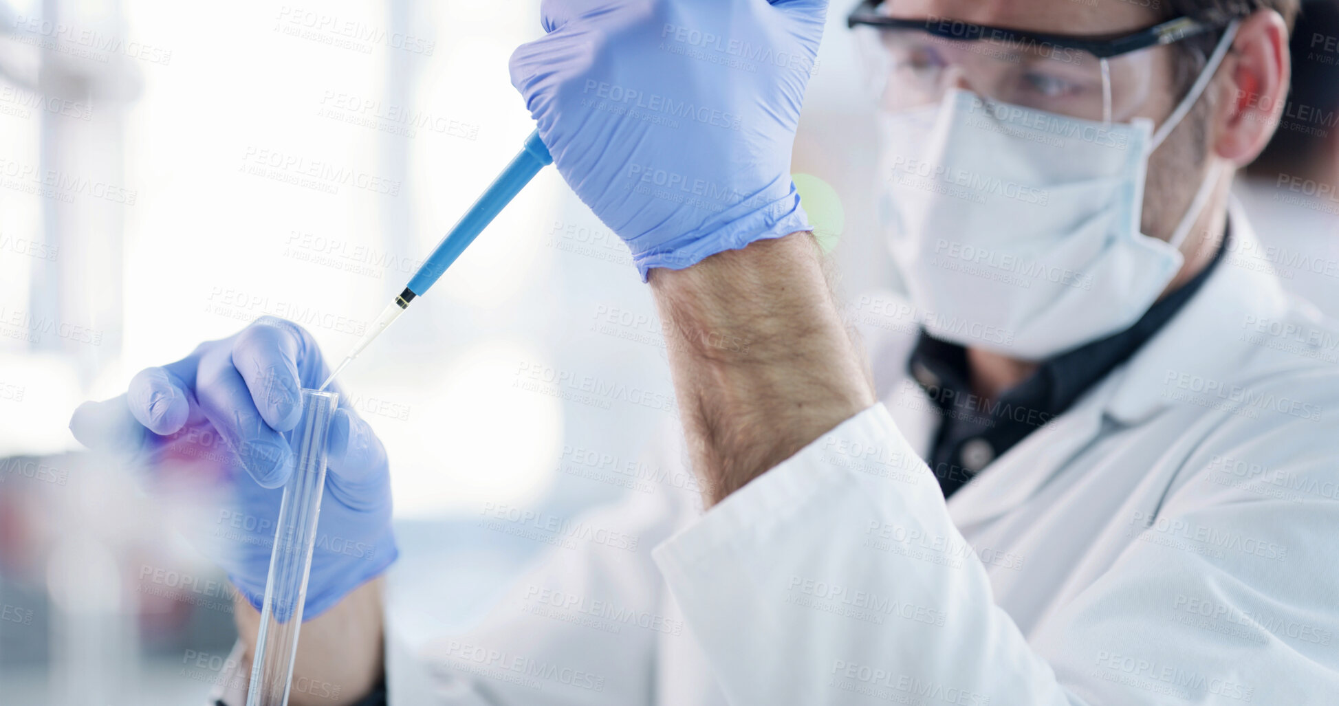 Buy stock photo Scientist, dropper and man with test tube, drug solution and medical research for chemistry in laboratory. Sample, vial and doctor with tool, experiment and flask for synthesis with biotechnology