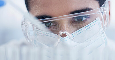 Buy stock photo Scientist, pipette and woman with glasses, drug solution and medical research for chemistry in laboratory. Sample, vial and doctor with dropper, experiment and PPE for synthesis with biotechnology