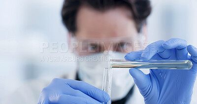 Buy stock photo Scientist, test tube and hands of man with pour, drug solution and medical research for chemistry in laboratory. Sample, vial and doctor with fluid, experiment and PPE for synthesis or biotechnology