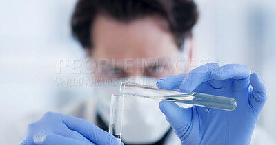 Buy stock photo Scientist, hands and man with mix for drug solution, medical research and chemistry in laboratory. Sample vial, test tube and doctor with fluid, experiment and PPE for synthesis or biotechnology