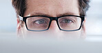 Reading, glasses and laptop with business man in office for planning, webpage designer and app review. Developer solutions, client feedback and research with person in agency for project and startup
