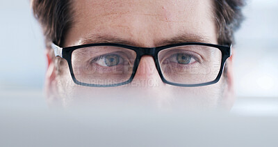 Buy stock photo Reading, glasses and laptop with business man in office for planning, webpage designer and app review. Developer solutions, client feedback and research with person in agency for project and startup