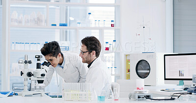 Buy stock photo Microscope, research and team with people in laboratory for results, gene therapy and medical. Science sample, dna sequence editor and vaccine trial with man and woman in clinic for healthcare study