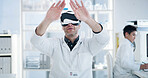Man, scientist and headset for virtual reality at lab with iot, futuristic medical research or virus cure. People, science and ar goggles with hands, metaverse or pharma study for vaccine development