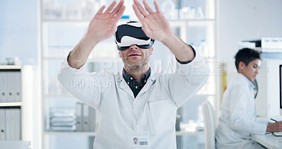 Buy stock photo Man, scientist and headset for virtual reality at lab with iot, futuristic medical research or virus cure. People, science and ar goggles with hands, metaverse or pharma study for vaccine development