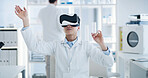 Lab, scientist and man with Vr glasses, healthcare and futuristic tech for medical research or study. Science, innovation and person with eyewear for 3D vision, virtual reality or metaverse in clinic
