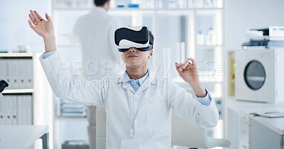 Buy stock photo Lab, scientist and man with Vr glasses, healthcare and futuristic tech for medical research or study. Science, innovation and person with eyewear for 3D vision, virtual reality or metaverse in clinic