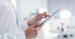 Scientist, hands and scroll on tablet in lab for medical research, experiment results and review. Science, woman and typing on tech in workplace for online study, pharmaceutical data and innovation