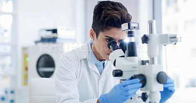 Buy stock photo Microscope, research and medical with woman in laboratory for results, gene therapy and test. Science sample, dna sequence editor and vaccine trial with female person in clinic for healthcare study