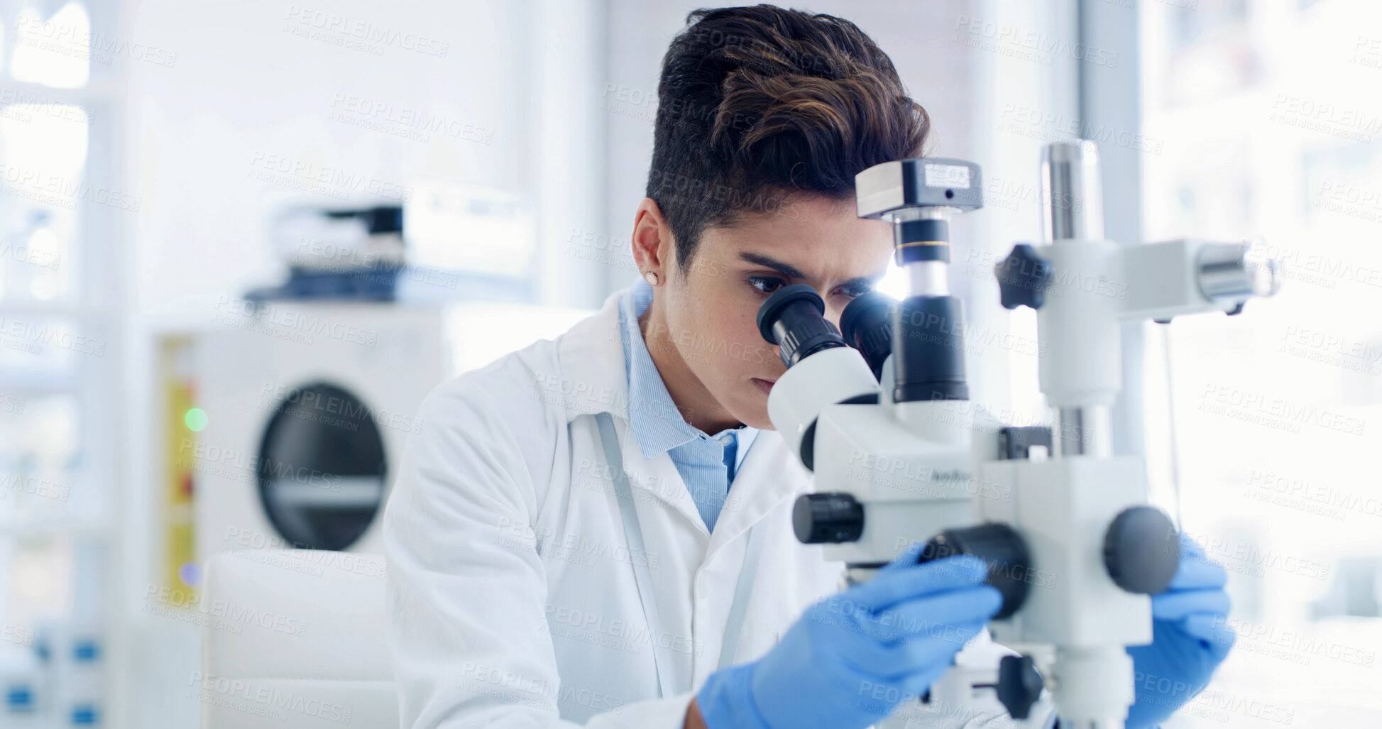 Buy stock photo Microscope, research and medical with woman in laboratory for results, gene therapy and test. Science sample, dna sequence editor and vaccine trial with female person in clinic for healthcare study