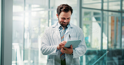 Buy stock photo Doctor, hospital and man on tablet for online results, medical research and patient report. Healthcare, clinic and person on digital tech for telehealth website, insurance and planning for surgery