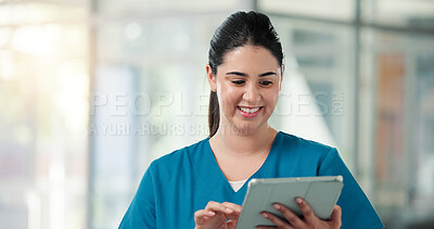 Buy stock photo Tablet, woman and nurse in clinic with reading medical research, telehealth or online support. Happy, digital technology and female healthcare worker with surgery schedule in hospital hallway.