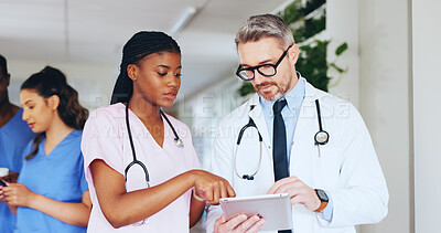 Buy stock photo Hospital, meeting and doctor on tablet with nurse for online report, patient results and treatment plan. Healthcare, team and man and woman on tech for medical research, surgery schedule and advice