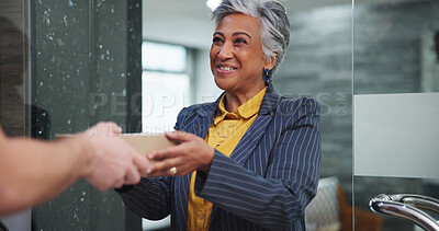 Buy stock photo Package, office and mature woman with delivery man for safe distribution, stock order and logistics. People, female professional and happy with parcel for work supplies, courier service and shipping