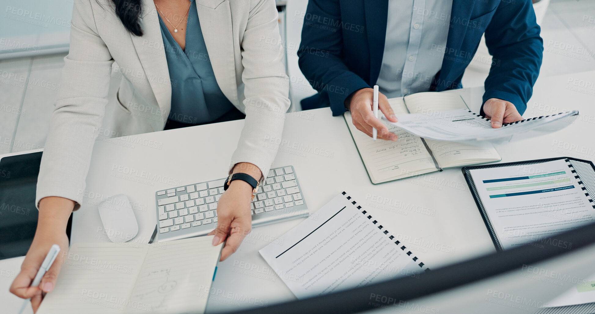 Buy stock photo Documents, above and hands of business people in office for finance report, budget review and research. Corporate, typing and man and woman with paperwork, financial proposal and writing for planning