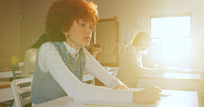 Buy stock photo Thinking, girl and students with stress, education and burnout with test, knowledge and flare. Sad, learning and results with anxiety, decision and frustrated with exam, choice and contemplation